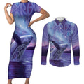 New Zealand Matariki Humpback Whale Couples Matching Short Sleeve Bodycon Dress and Long Sleeve Button Shirt Paikea Maori New Year Purple Galaxy
