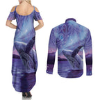 New Zealand Matariki Humpback Whale Couples Matching Summer Maxi Dress and Long Sleeve Button Shirt Paikea Maori New Year Purple Galaxy