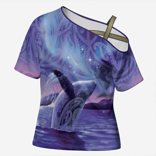 New Zealand Matariki Humpback Whale Cross Shoulder Shirt Paikea Maori New Year Purple Galaxy