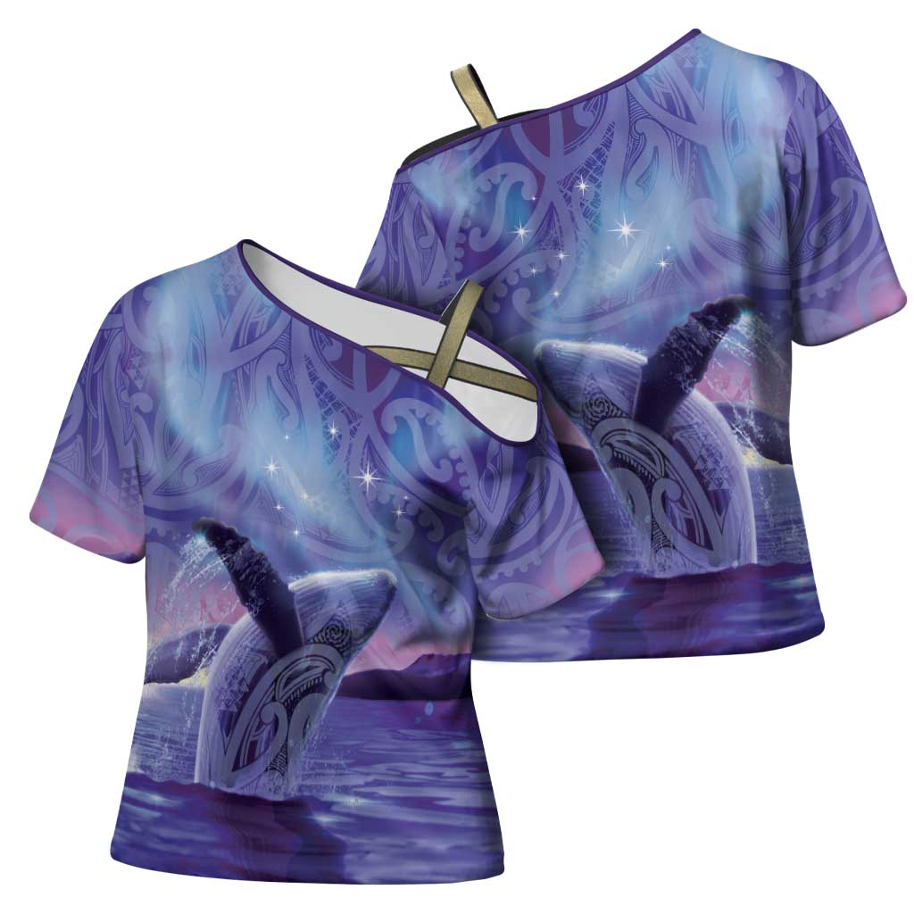 New Zealand Matariki Humpback Whale Cross Shoulder Shirt Paikea Maori New Year Purple Galaxy
