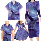 New Zealand Matariki Humpback Whale Family Matching Long Sleeve Bodycon Dress and Hawaiian Shirt Paikea Maori New Year Purple Galaxy