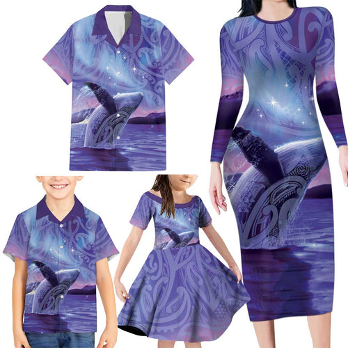 New Zealand Matariki Humpback Whale Family Matching Long Sleeve Bodycon Dress and Hawaiian Shirt Paikea Maori New Year Purple Galaxy