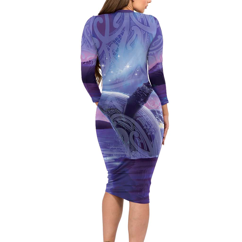 New Zealand Matariki Humpback Whale Family Matching Long Sleeve Bodycon Dress and Hawaiian Shirt Paikea Maori New Year Purple Galaxy