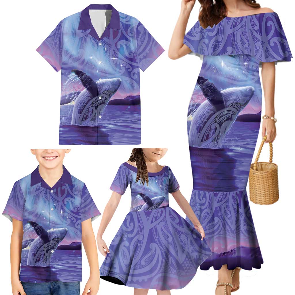New Zealand Matariki Humpback Whale Family Matching Mermaid Dress and Hawaiian Shirt Paikea Maori New Year Purple Galaxy