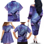 New Zealand Matariki Humpback Whale Family Matching Off The Shoulder Long Sleeve Dress and Hawaiian Shirt Paikea Maori New Year Purple Galaxy