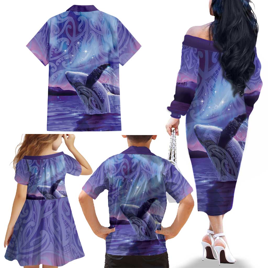 New Zealand Matariki Humpback Whale Family Matching Off The Shoulder Long Sleeve Dress and Hawaiian Shirt Paikea Maori New Year Purple Galaxy