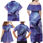 New Zealand Matariki Humpback Whale Family Matching Off Shoulder Maxi Dress and Hawaiian Shirt Paikea Maori New Year Purple Galaxy