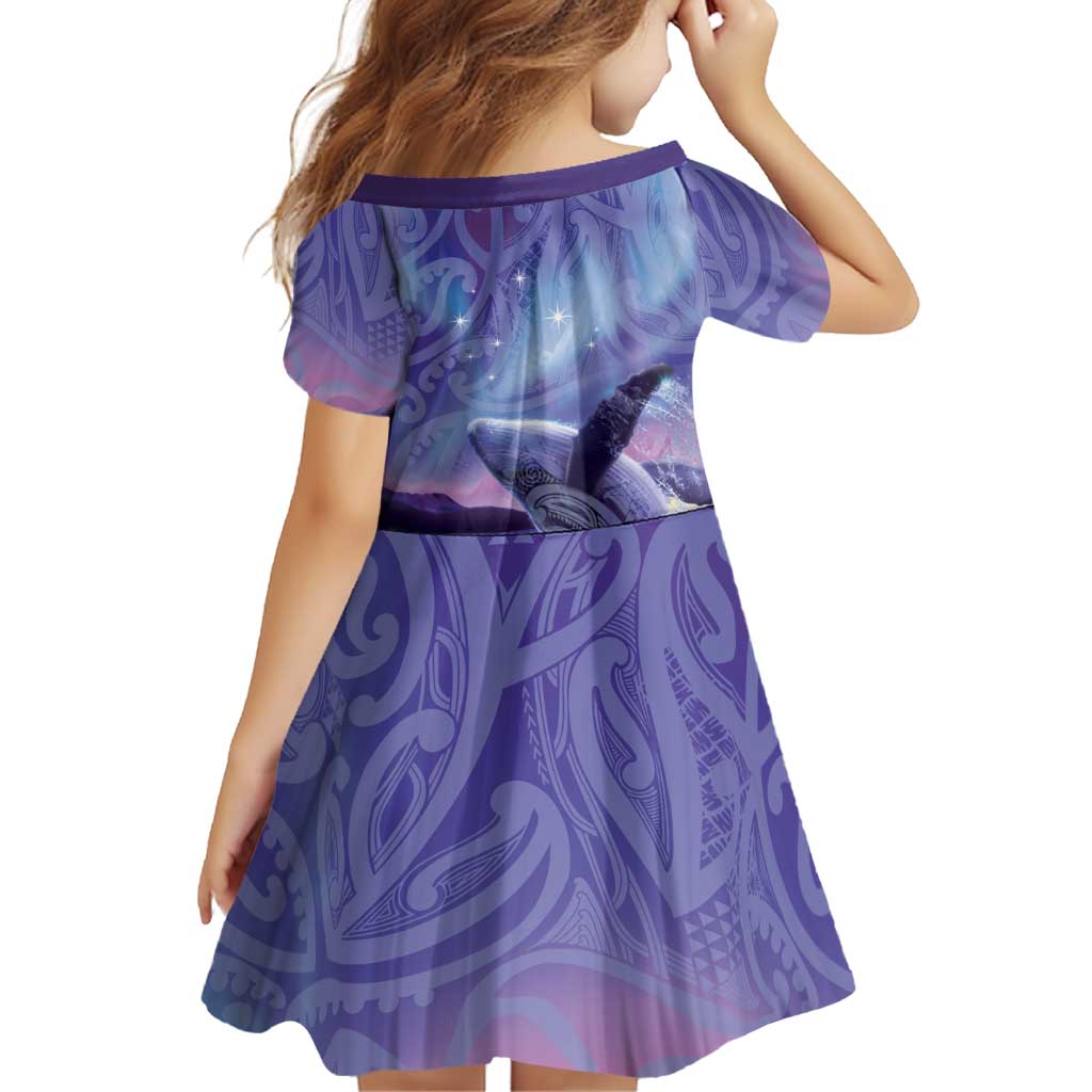 New Zealand Matariki Humpback Whale Family Matching Off Shoulder Short Dress and Hawaiian Shirt Paikea Maori New Year Purple Galaxy