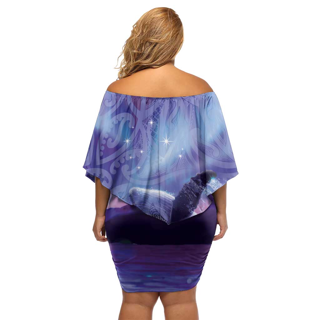 New Zealand Matariki Humpback Whale Family Matching Off Shoulder Short Dress and Hawaiian Shirt Paikea Maori New Year Purple Galaxy