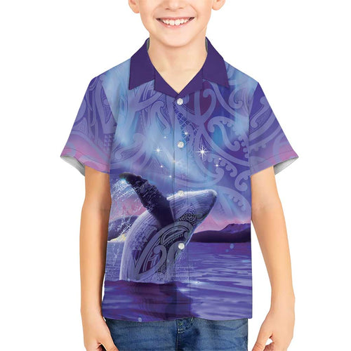New Zealand Matariki Humpback Whale Family Matching Off Shoulder Short Dress and Hawaiian Shirt Paikea Maori New Year Purple Galaxy