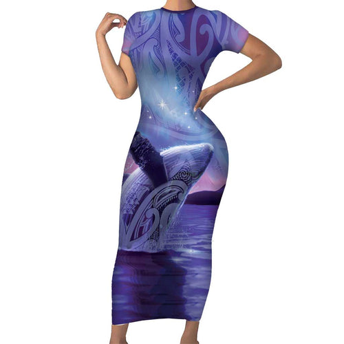 New Zealand Matariki Humpback Whale Family Matching Short Sleeve Bodycon Dress and Hawaiian Shirt Paikea Maori New Year Purple Galaxy