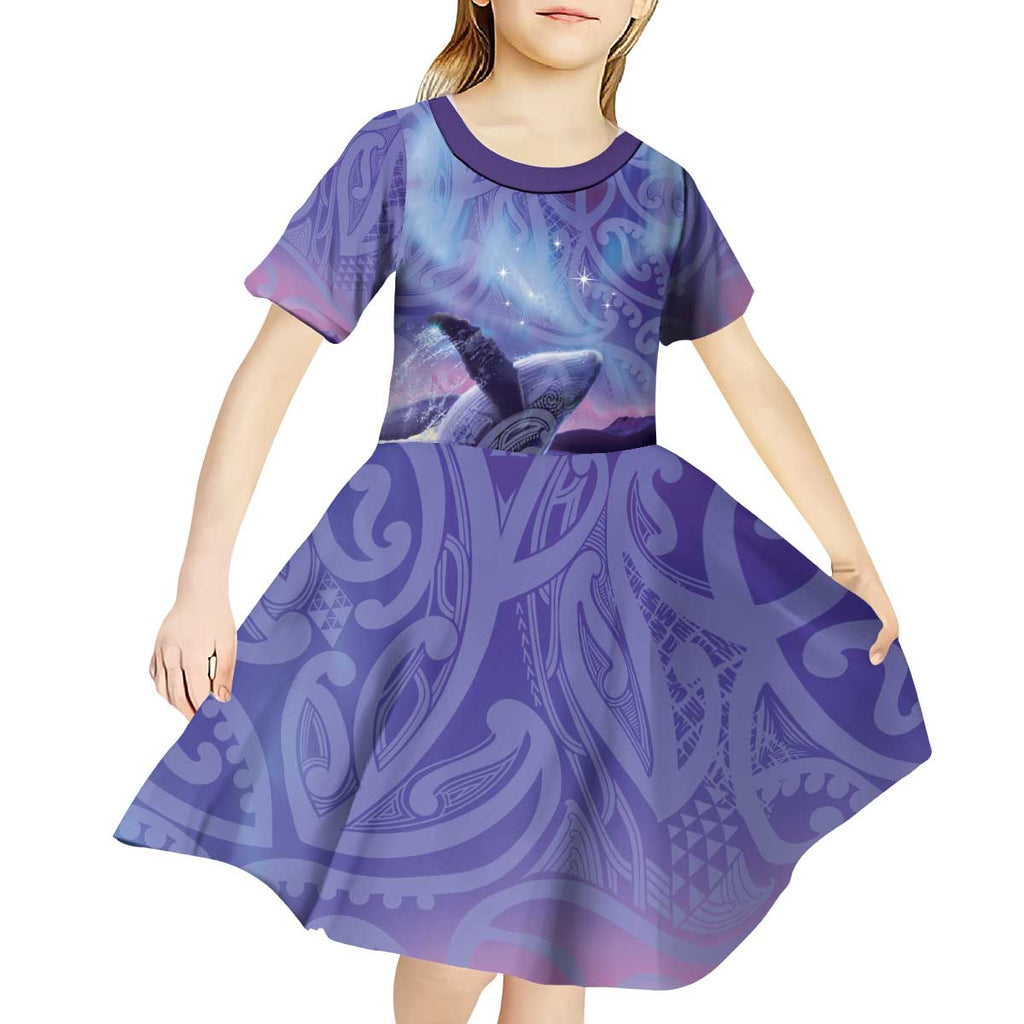 New Zealand Matariki Humpback Whale Kid Short Sleeve Dress Paikea Maori New Year Purple Galaxy