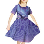 New Zealand Matariki Humpback Whale Kid Short Sleeve Dress Paikea Maori New Year Purple Galaxy