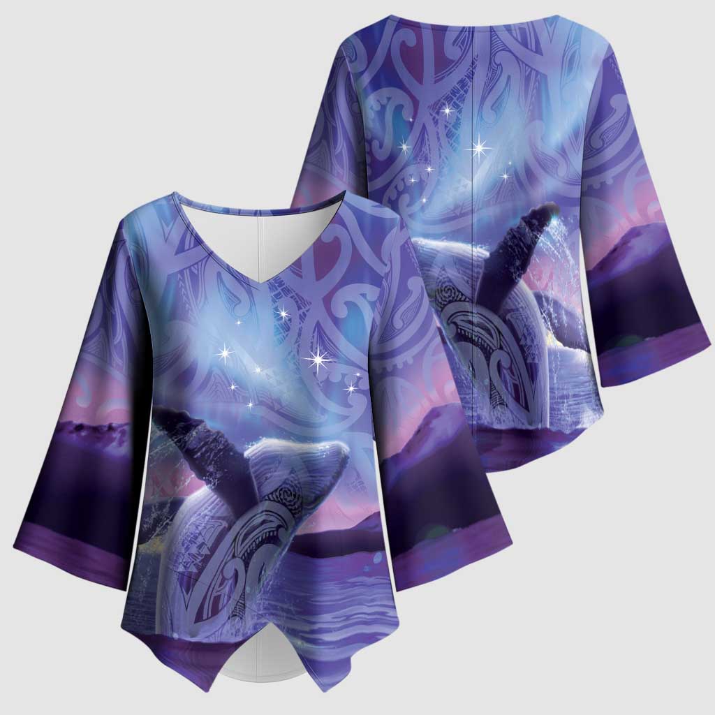 New Zealand Matariki Humpback Whale Kimono Sleeve Blouse Paikea Maori New Year Purple Galaxy