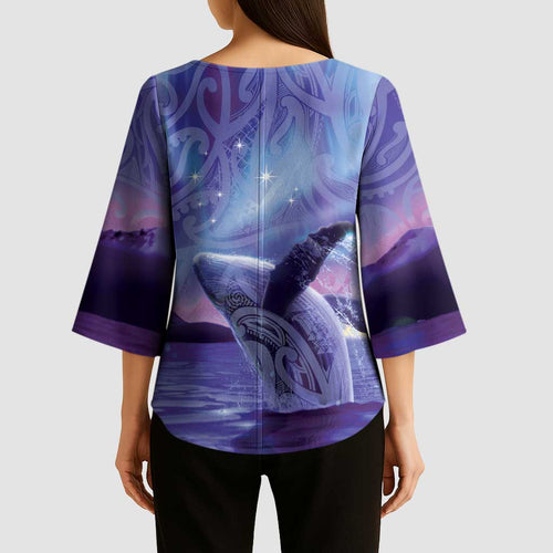 New Zealand Matariki Humpback Whale Kimono Sleeve Blouse Paikea Maori New Year Purple Galaxy