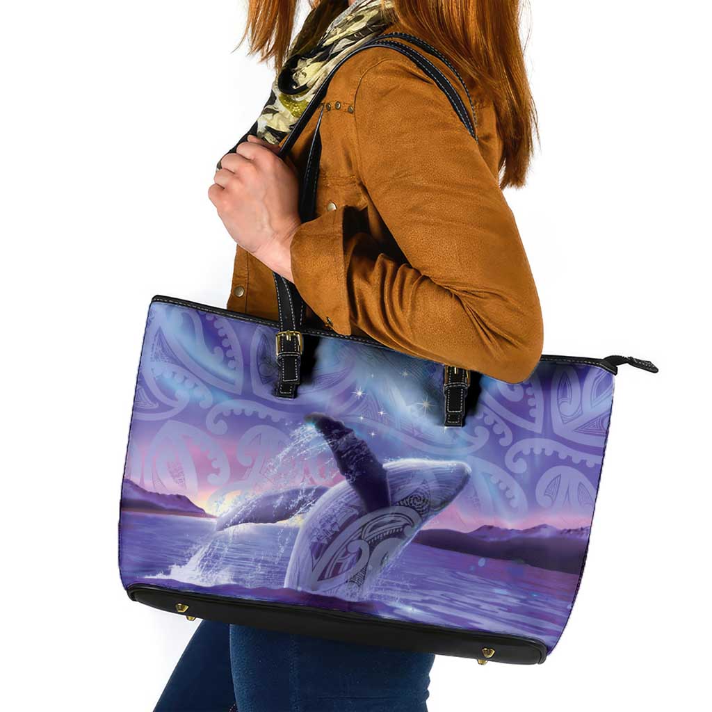 New Zealand Matariki Humpback Whale Leather Tote Bag Paikea Maori New Year Purple Galaxy