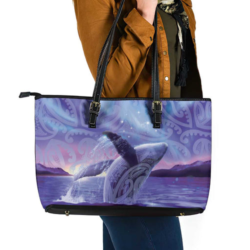 New Zealand Matariki Humpback Whale Leather Tote Bag Paikea Maori New Year Purple Galaxy