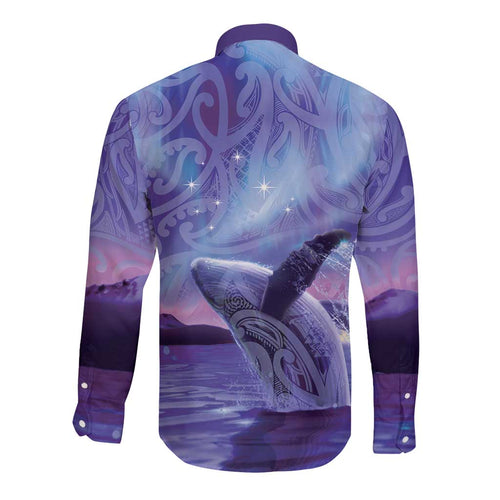 New Zealand Matariki Humpback Whale Long Sleeve Button Shirt Paikea Maori New Year Purple Galaxy