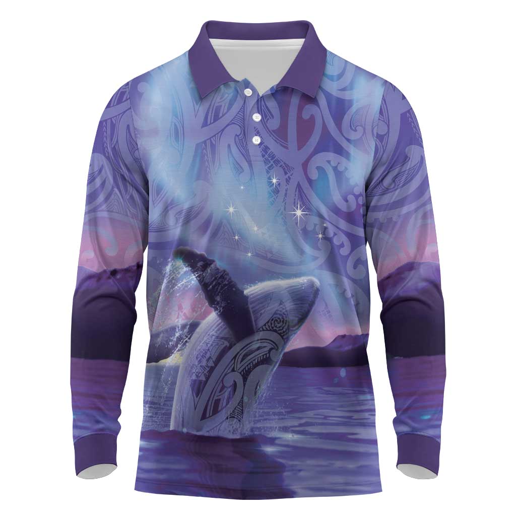 New Zealand Matariki Humpback Whale Long Sleeve Polo Shirt Paikea Maori New Year Purple Galaxy