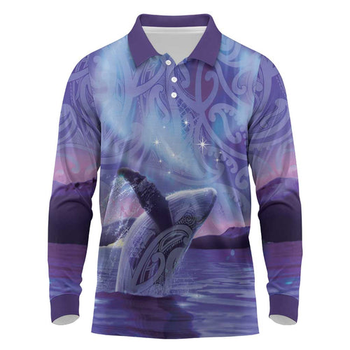 New Zealand Matariki Humpback Whale Long Sleeve Polo Shirt Paikea Maori New Year Purple Galaxy