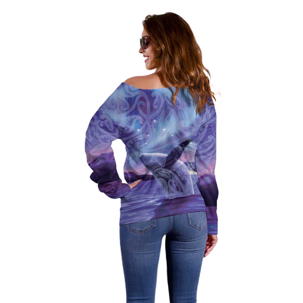 New Zealand Matariki Humpback Whale Off Shoulder Sweater Paikea Maori New Year Purple Galaxy