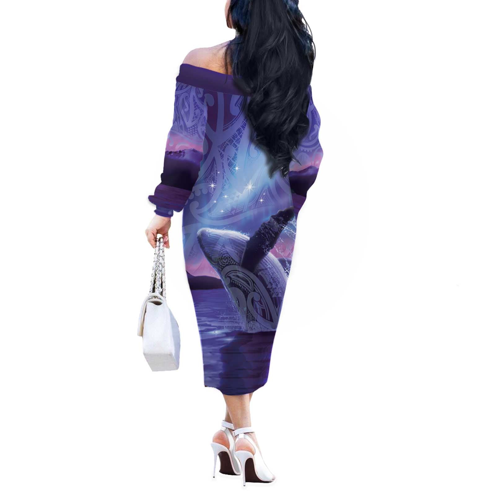 New Zealand Matariki Humpback Whale Off The Shoulder Long Sleeve Dress Paikea Maori New Year Purple Galaxy