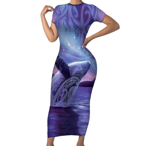 New Zealand Matariki Humpback Whale Short Sleeve Bodycon Dress Paikea Maori New Year Purple Galaxy