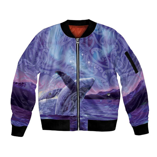 New Zealand Matariki Humpback Whale Sleeve Zip Bomber Jacket Paikea Maori New Year Purple Galaxy