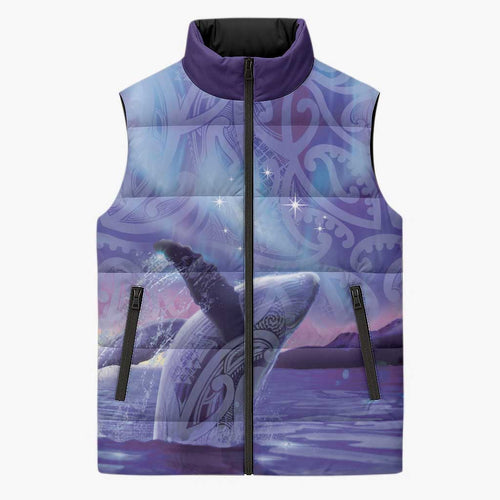 New Zealand Matariki Humpback Whale Sleeveless Puffer Jacket Paikea Maori New Year Purple Galaxy