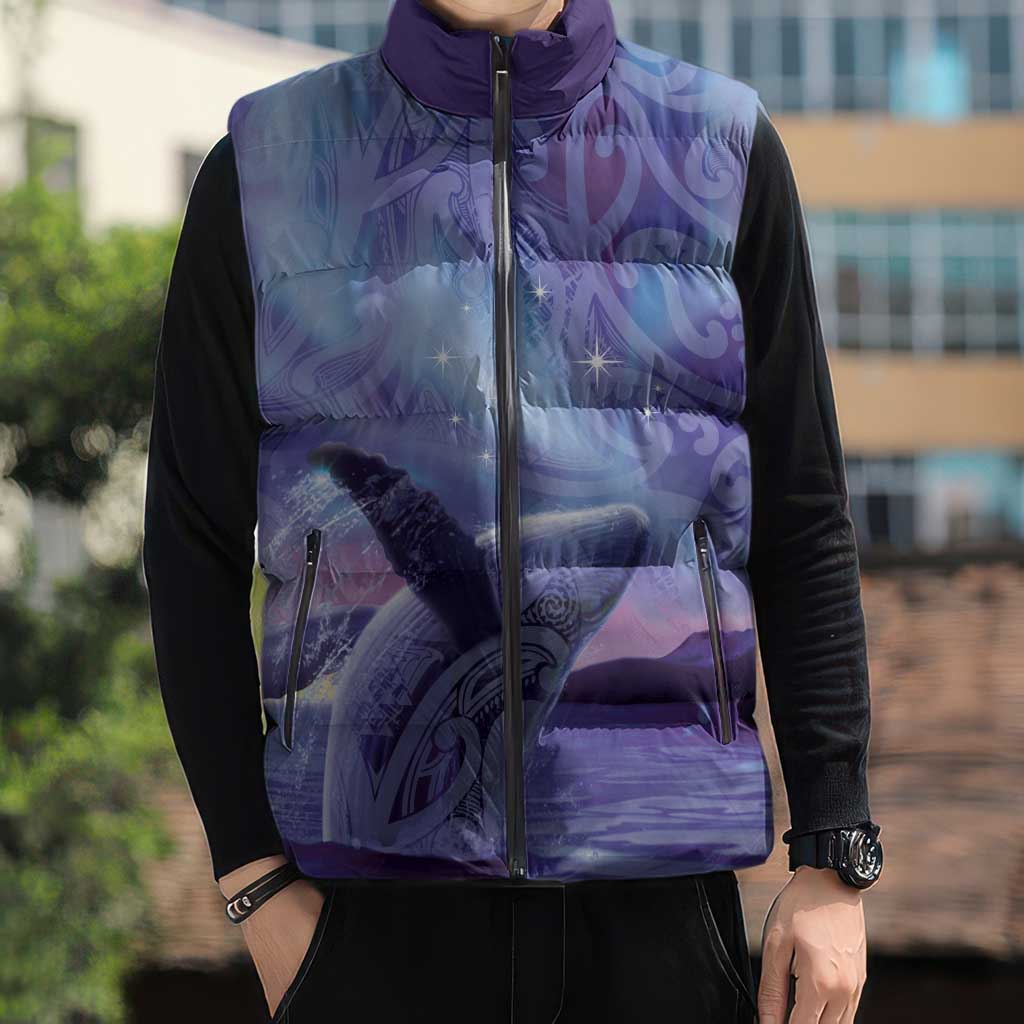 New Zealand Matariki Humpback Whale Sleeveless Puffer Jacket Paikea Maori New Year Purple Galaxy
