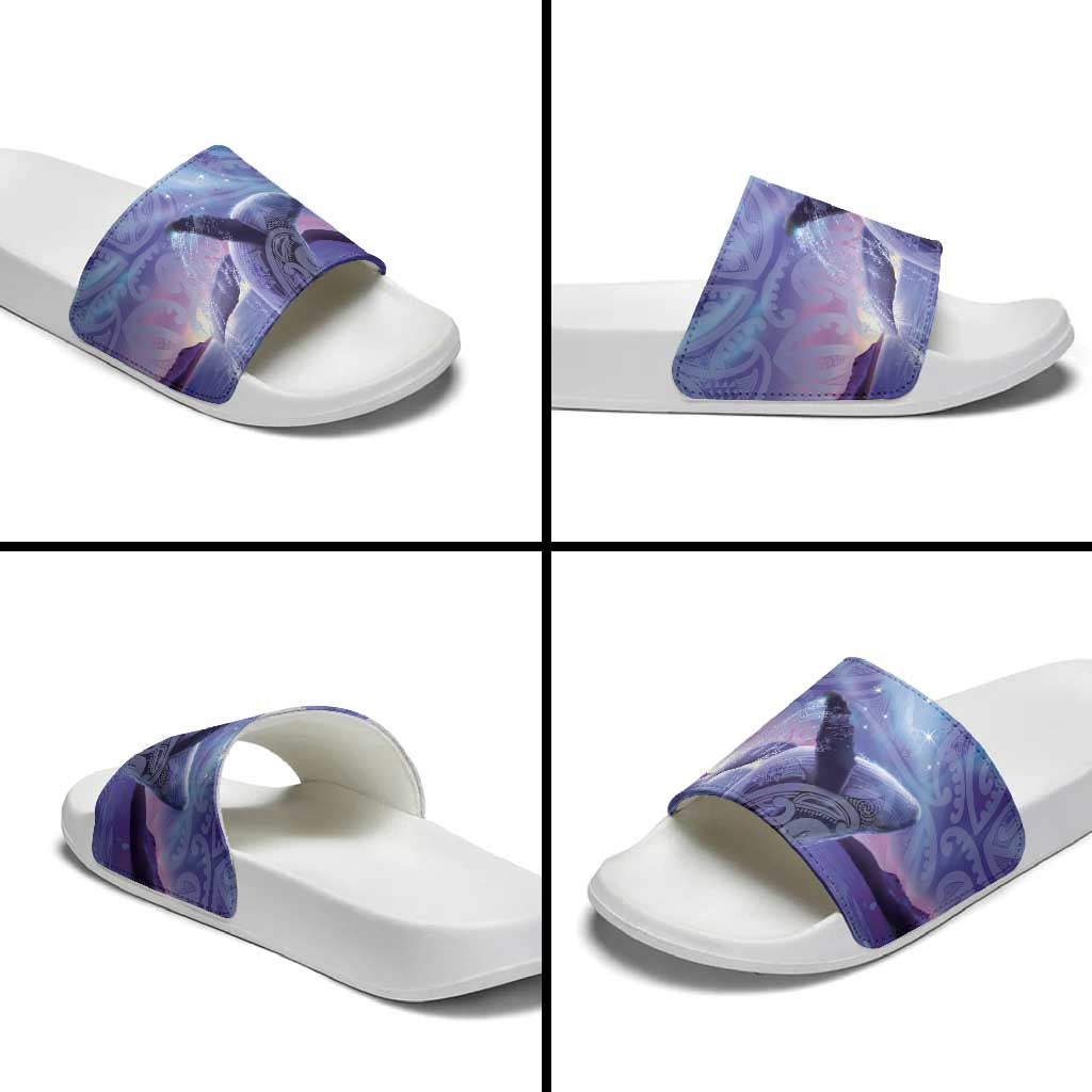 New Zealand Matariki Humpback Whale Slide Sandals Paikea Maori New Year Purple Galaxy
