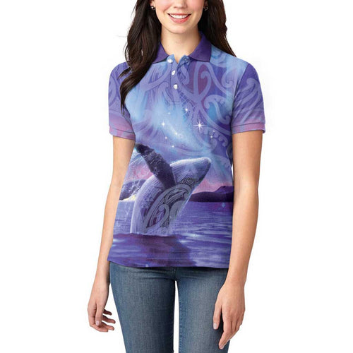 New Zealand Matariki Humpback Whale Women Polo Shirt Paikea Maori New Year Purple Galaxy