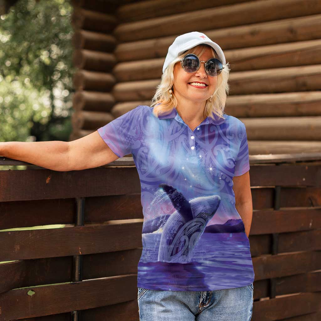 New Zealand Matariki Humpback Whale Women Polo Shirt Paikea Maori New Year Purple Galaxy