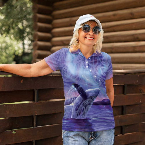 New Zealand Matariki Humpback Whale Women Polo Shirt Paikea Maori New Year Purple Galaxy
