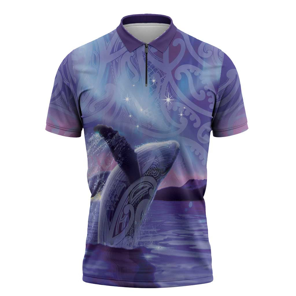 New Zealand Matariki Humpback Whale Zipper Polo Shirt Paikea Maori New Year Purple Galaxy