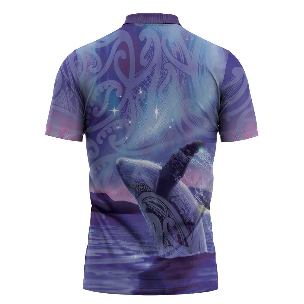 New Zealand Matariki Humpback Whale Zipper Polo Shirt Paikea Maori New Year Purple Galaxy