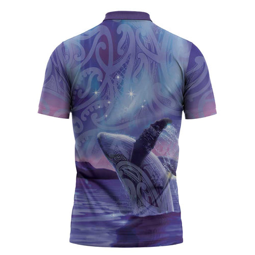New Zealand Matariki Humpback Whale Zipper Polo Shirt Paikea Maori New Year Purple Galaxy