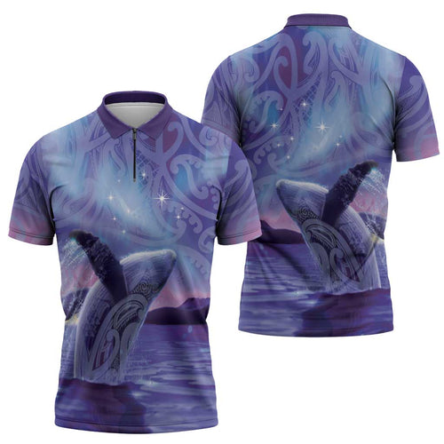 New Zealand Matariki Humpback Whale Zipper Polo Shirt Paikea Maori New Year Purple Galaxy