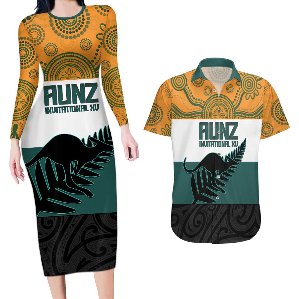 AUNZ Rugby Custom Couples Matching Long Sleeve Bodycon Dress and Hawaiian Shirt Australia Kangaroo New Zealand Silver Fern - Aussie Hoodie