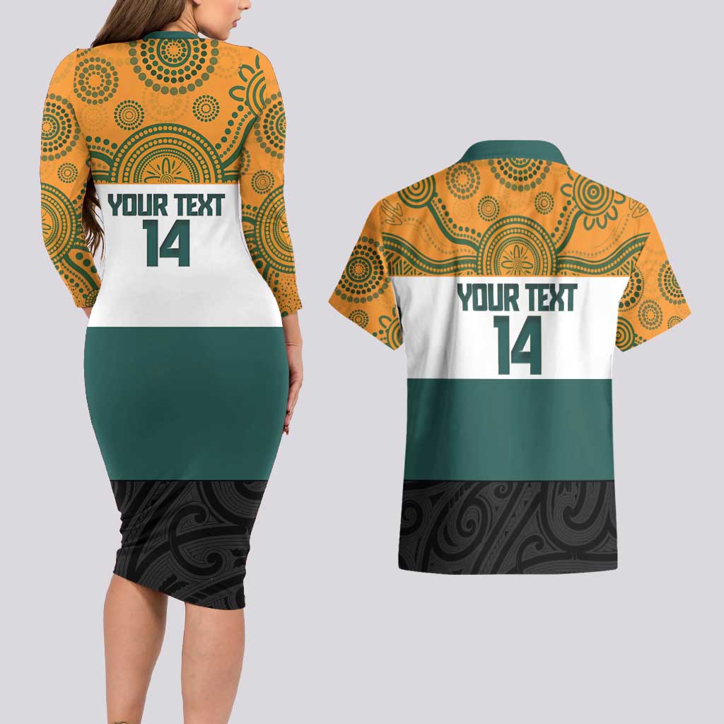 AUNZ Rugby Custom Couples Matching Long Sleeve Bodycon Dress and Hawaiian Shirt Australia Kangaroo New Zealand Silver Fern - Aussie Hoodie