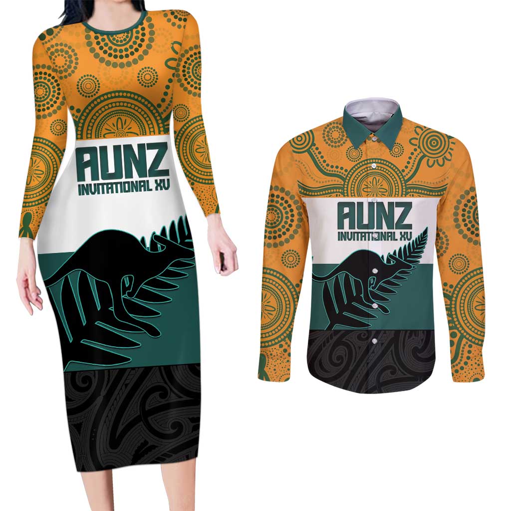 AUNZ Rugby Custom Couples Matching Long Sleeve Bodycon Dress and Long Sleeve Button Shirt Australia Kangaroo New Zealand Silver Fern - Aussie Hoodie