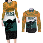AUNZ Rugby Custom Couples Matching Long Sleeve Bodycon Dress and Long Sleeve Button Shirt Australia Kangaroo New Zealand Silver Fern - Aussie Hoodie