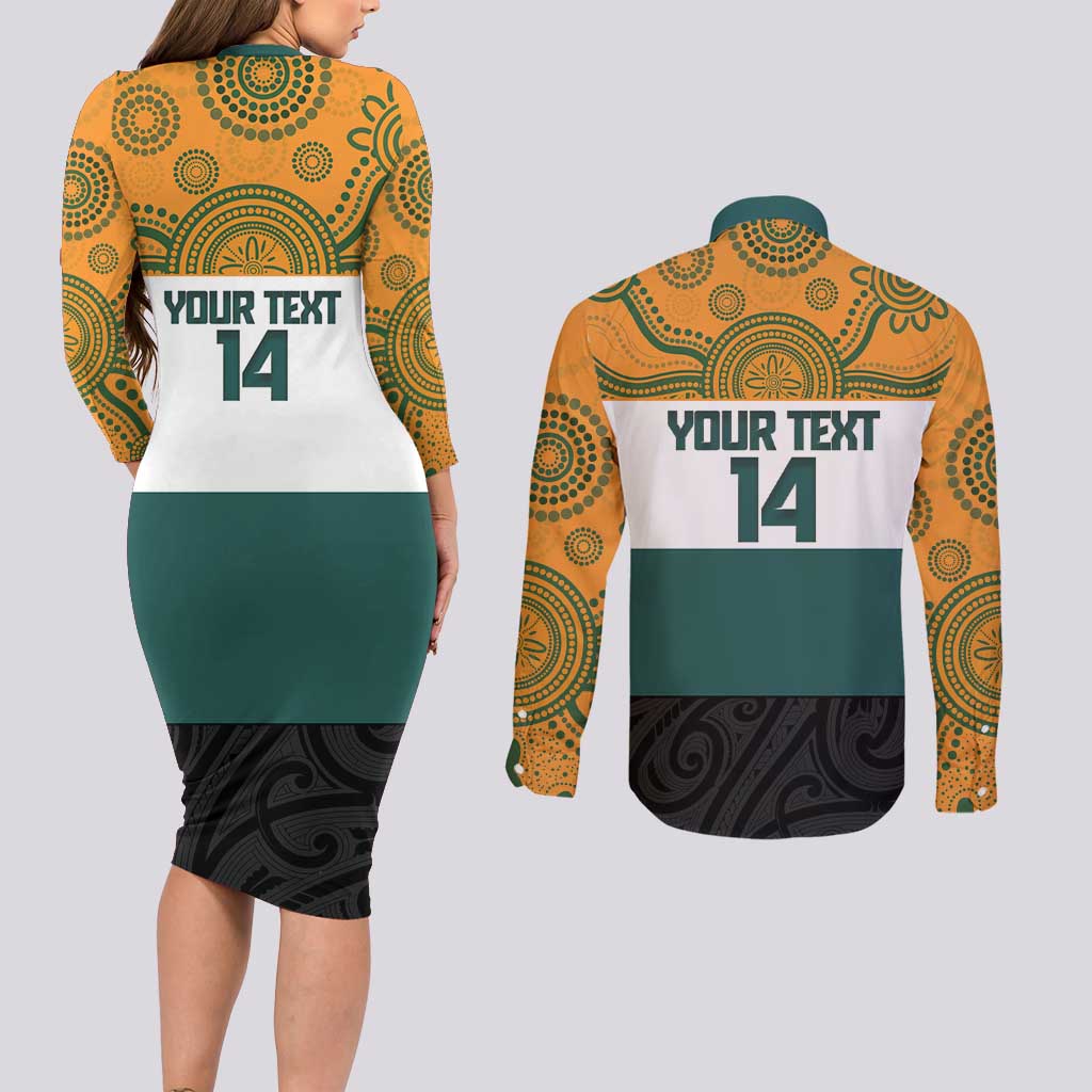 AUNZ Rugby Custom Couples Matching Long Sleeve Bodycon Dress and Long Sleeve Button Shirt Australia Kangaroo New Zealand Silver Fern - Aussie Hoodie