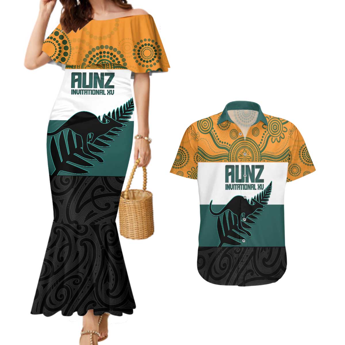 AUNZ Rugby Custom Couples Matching Mermaid Dress and Hawaiian Shirt Australia Kangaroo New Zealand Silver Fern - Aussie Hoodie