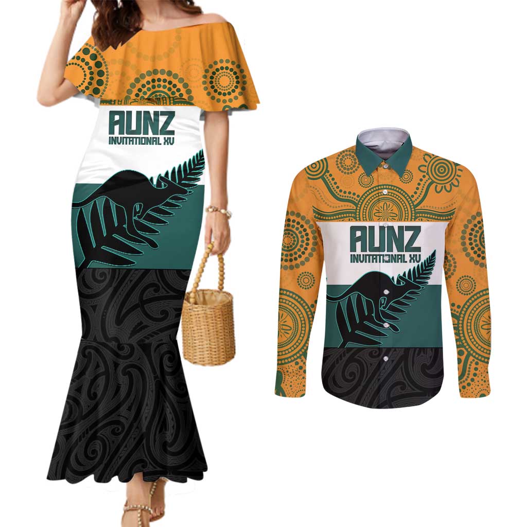 AUNZ Rugby Custom Couples Matching Mermaid Dress and Long Sleeve Button Shirt Australia Kangaroo New Zealand Silver Fern - Aussie Hoodie