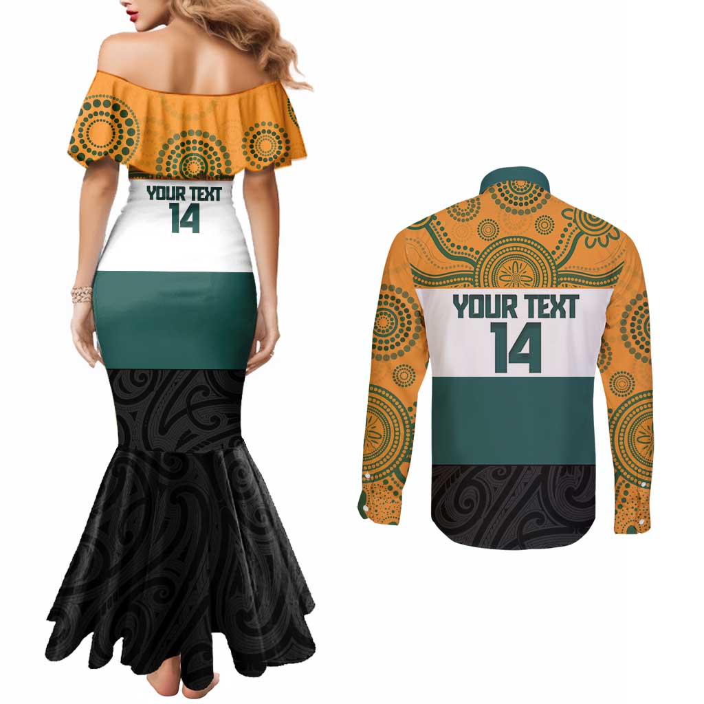 AUNZ Rugby Custom Couples Matching Mermaid Dress and Long Sleeve Button Shirt Australia Kangaroo New Zealand Silver Fern - Aussie Hoodie