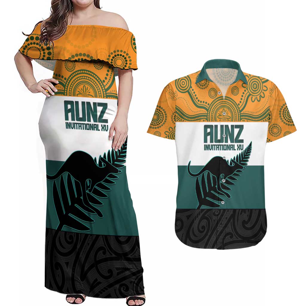 AUNZ Rugby Custom Couples Matching Off Shoulder Maxi Dress and Hawaiian Shirt Australia Kangaroo New Zealand Silver Fern - Aussie Hoodie