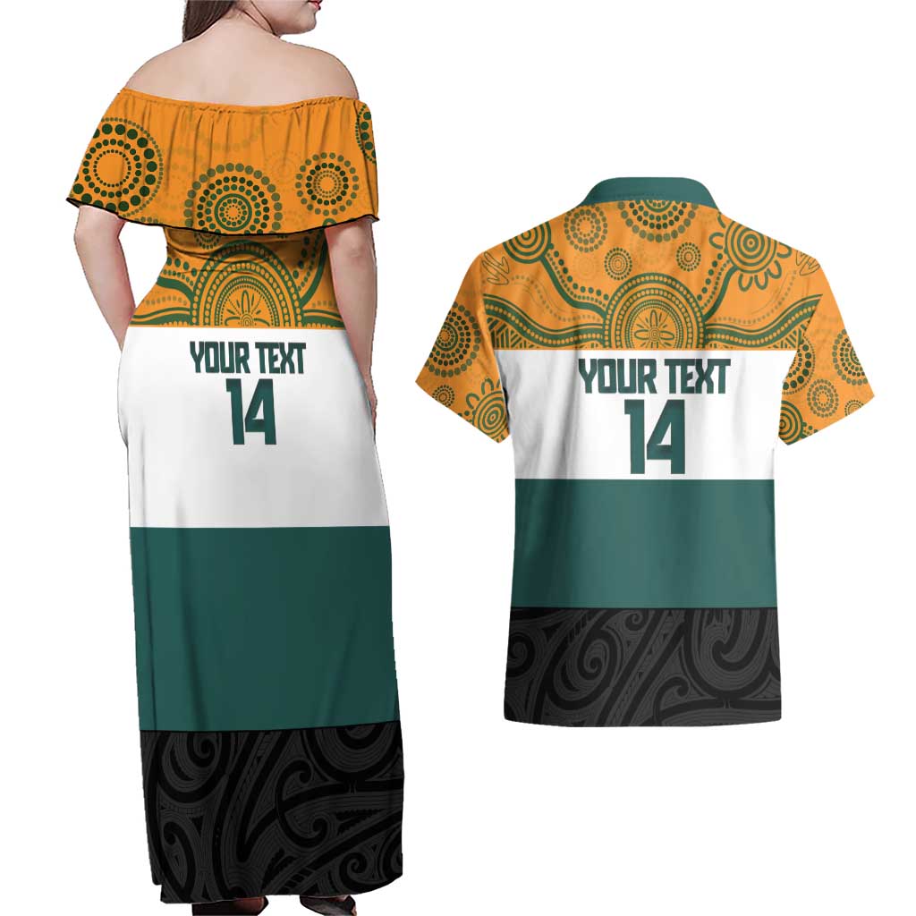AUNZ Rugby Custom Couples Matching Off Shoulder Maxi Dress and Hawaiian Shirt Australia Kangaroo New Zealand Silver Fern - Aussie Hoodie