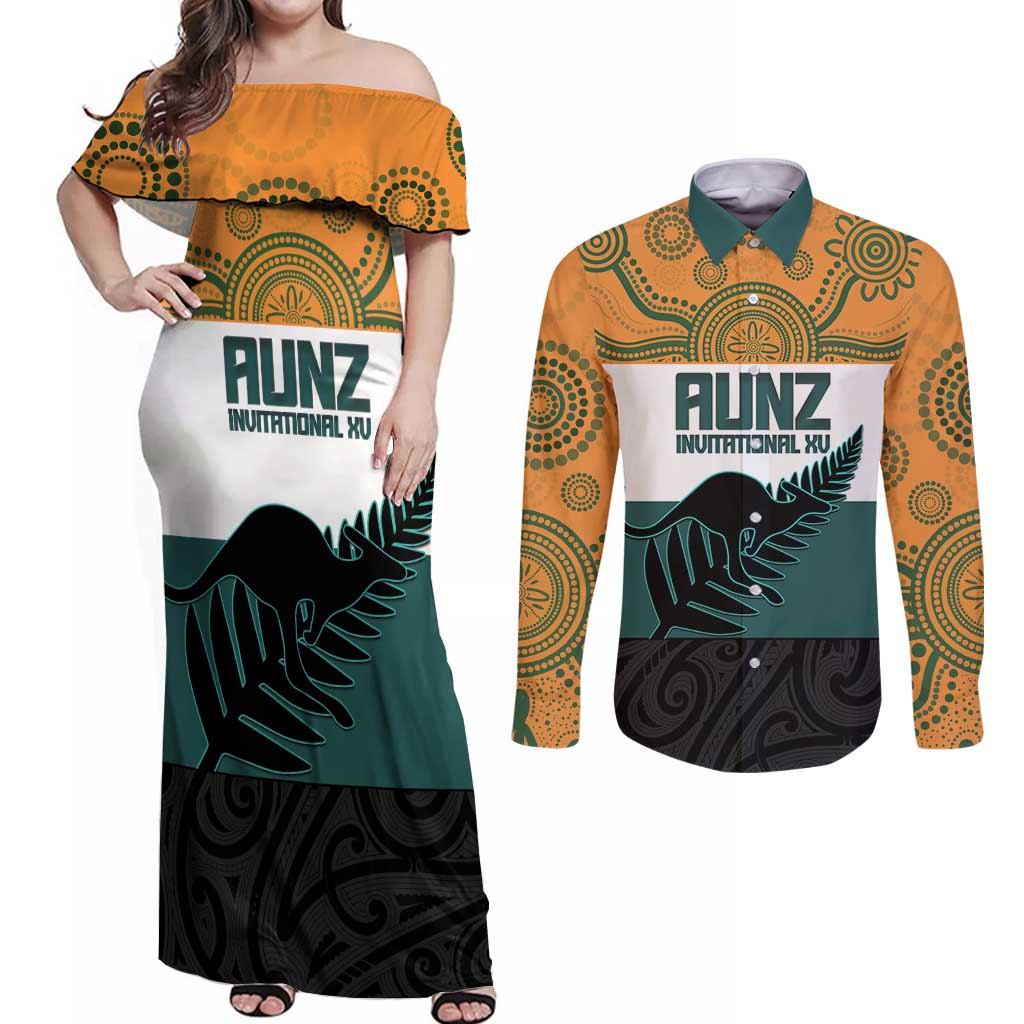 AUNZ Rugby Custom Couples Matching Off Shoulder Maxi Dress and Long Sleeve Button Shirt Australia Kangaroo New Zealand Silver Fern - Aussie Hoodie