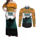 AUNZ Rugby Custom Couples Matching Off Shoulder Maxi Dress and Long Sleeve Button Shirt Australia Kangaroo New Zealand Silver Fern - Aussie Hoodie